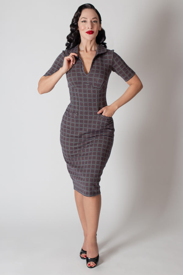 Miles Dress  Blue Houndstooth Pencil Dress in Crepe Georgette